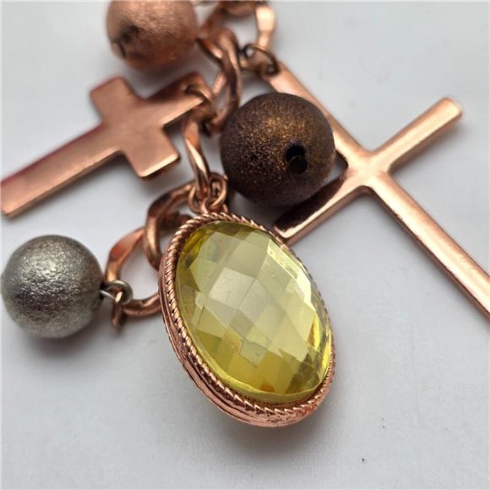 Long Copper Tone Cross Necklace Yellow Crystal Beads Boho 29 In Adj. - Picture 2 of 9